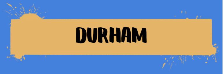 The text Durham on a orange and blue background
